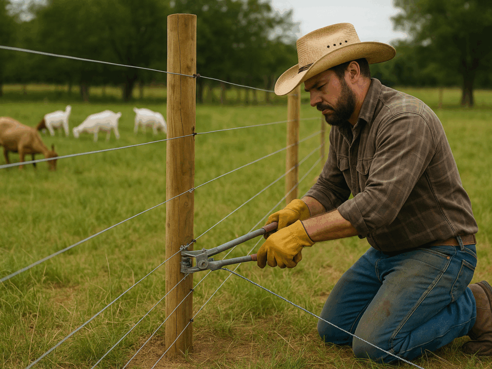 Rancher installing DIY livestock fencing with high tensile wire for goat pasture