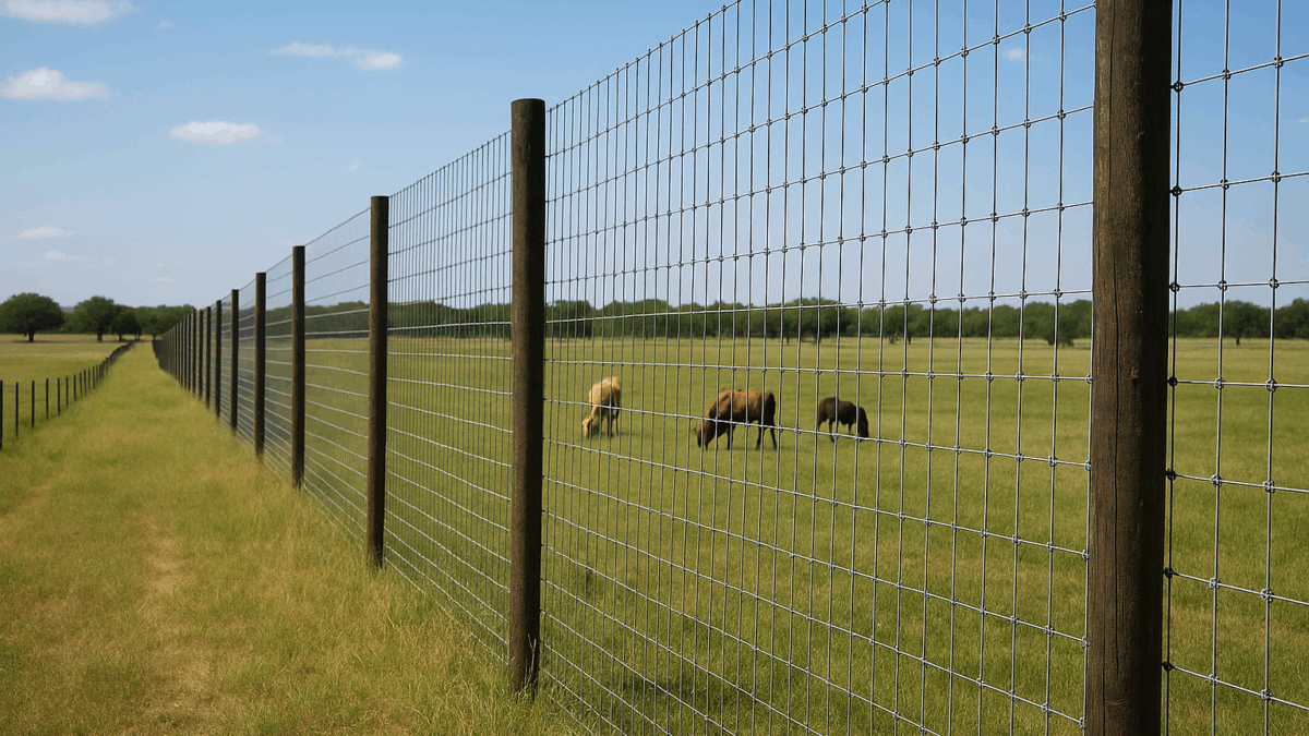 A tall, wire-mesh game fence with wooden posts encloses a grassy pasture where several animals graze peacefully.