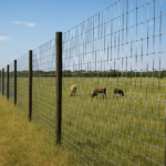 A tall, wire-mesh game fence with wooden posts encloses a grassy pasture where several animals graze peacefully.