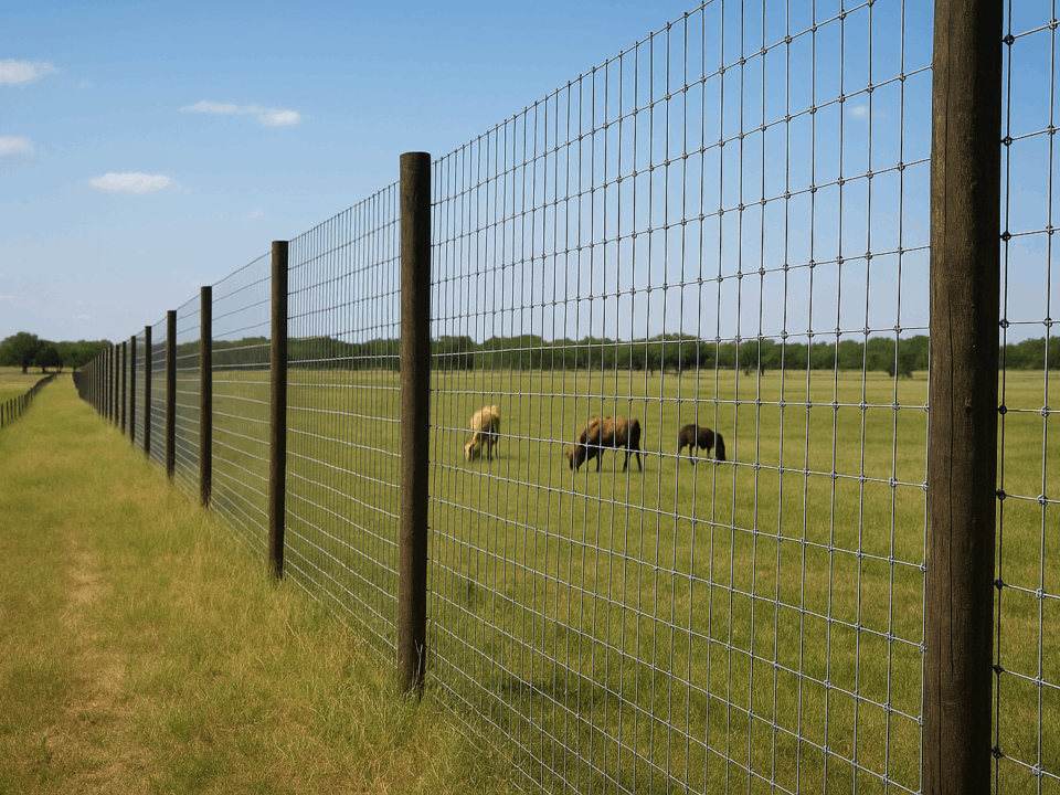 A tall, wire-mesh game fence with wooden posts encloses a grassy pasture where several animals graze peacefully.