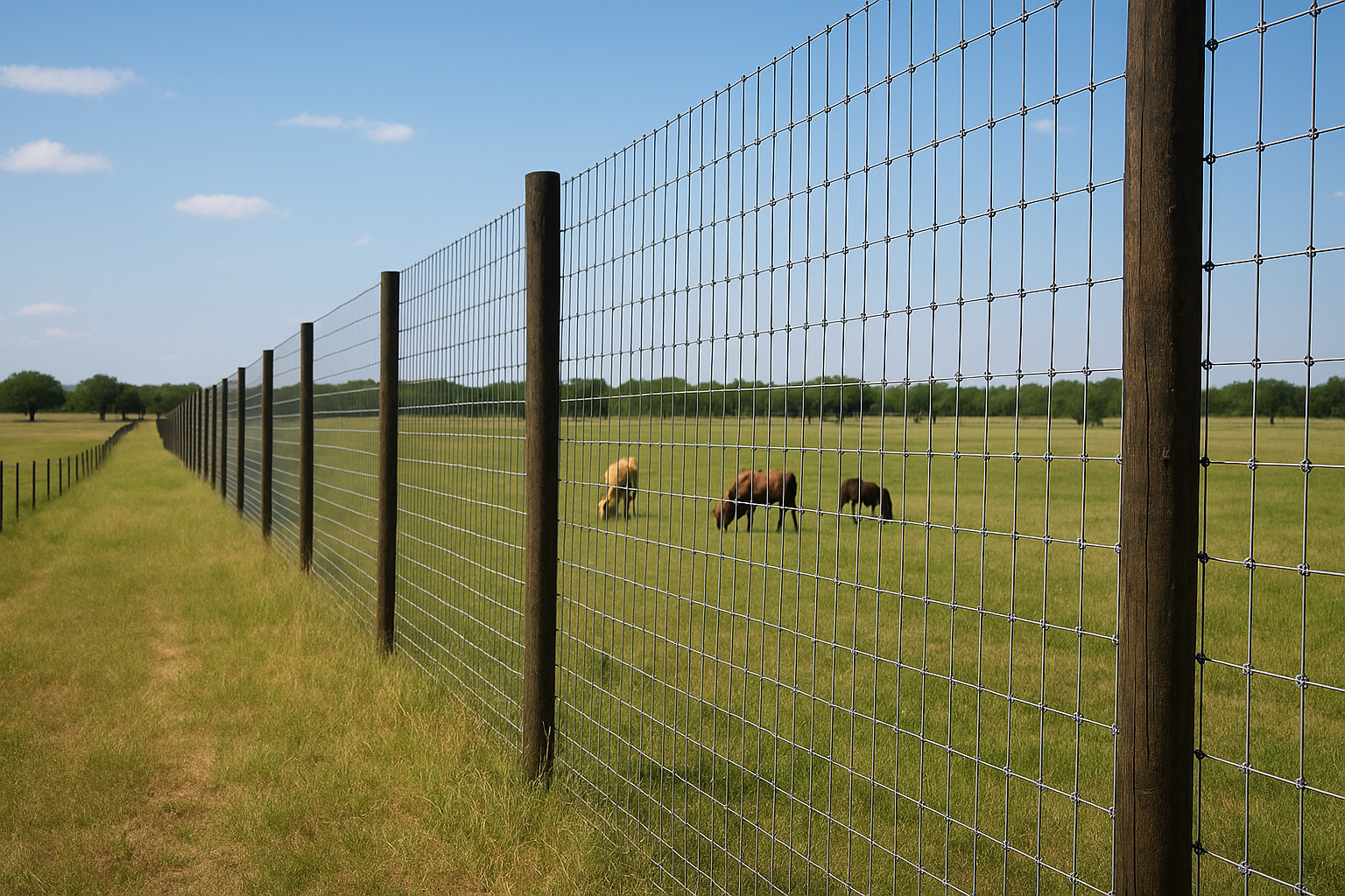 A tall, wire-mesh game fence with wooden posts encloses a grassy pasture where several animals graze peacefully.